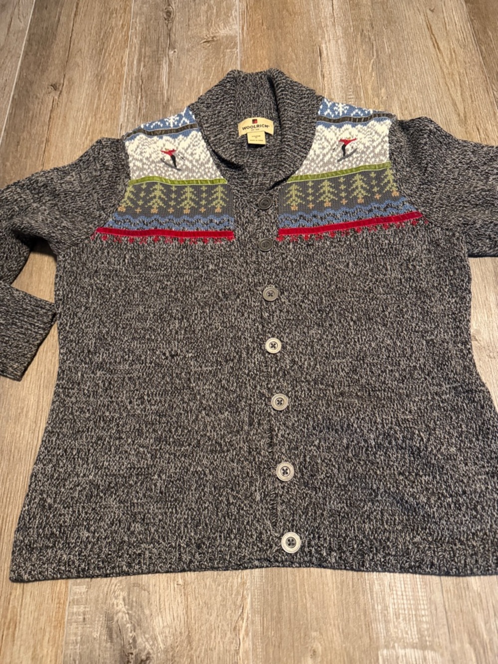 Woolrich Gray Shawl Collar Cardigan with Multicolor Fair Isle Yoke - Picture 6 of 7